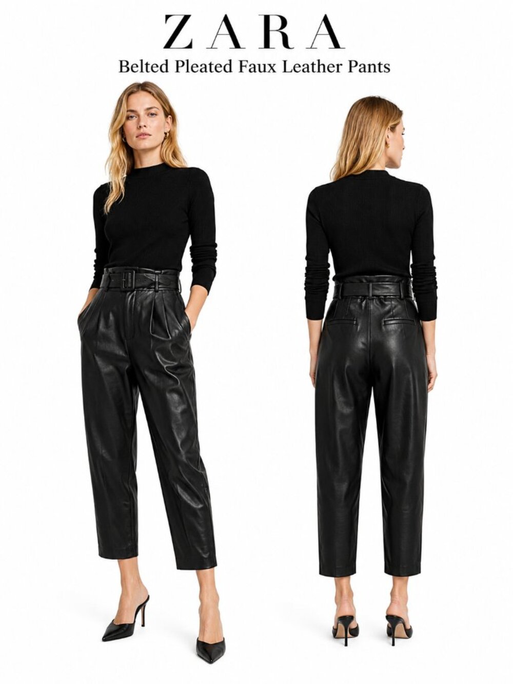 Zara Belted Pleated Faux Leather Pants Women Black High Rise Tapered Size M